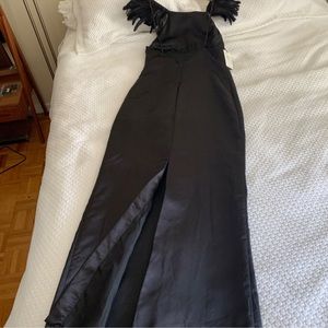 NWT Black Silk Gown with Shoulder Feathers and back slit